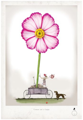 A Cosmos and a Cuppa - Whimsical Fun Gardening Print by Tony Fernandes